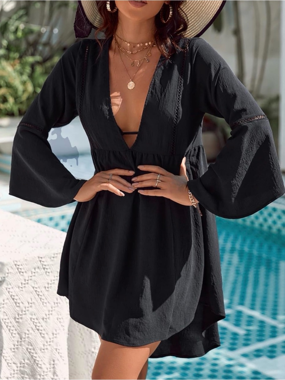 Amazon Black V-Neck Long Sleeve Swim Coverup with Bell Sleeves